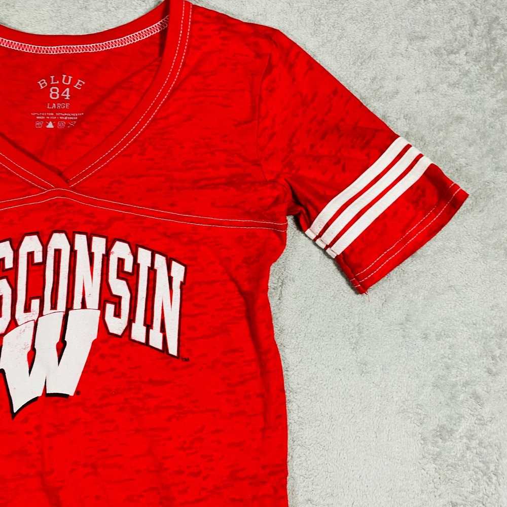 Blue 84 Wisconsin Badgers T-Shirt Women Large Red Burnout V-Neck Jersey Style - Picture 8 of 12